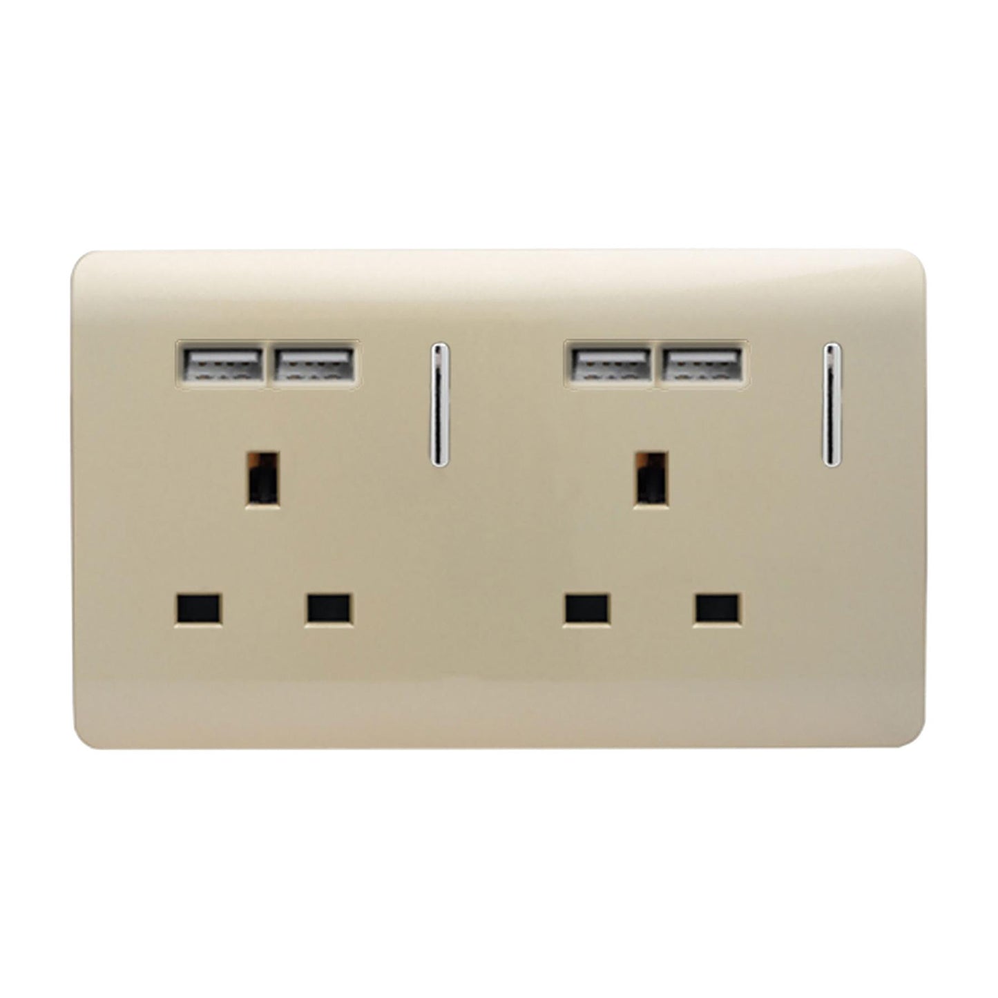 Trendi 2 Gang Artistic Modern Glossy Screwless Raised 13 Amp 240v Short 4 USB Type A Charging Points Double Chrome Switched Electrical Wall Plug Socket in Champagne Gold