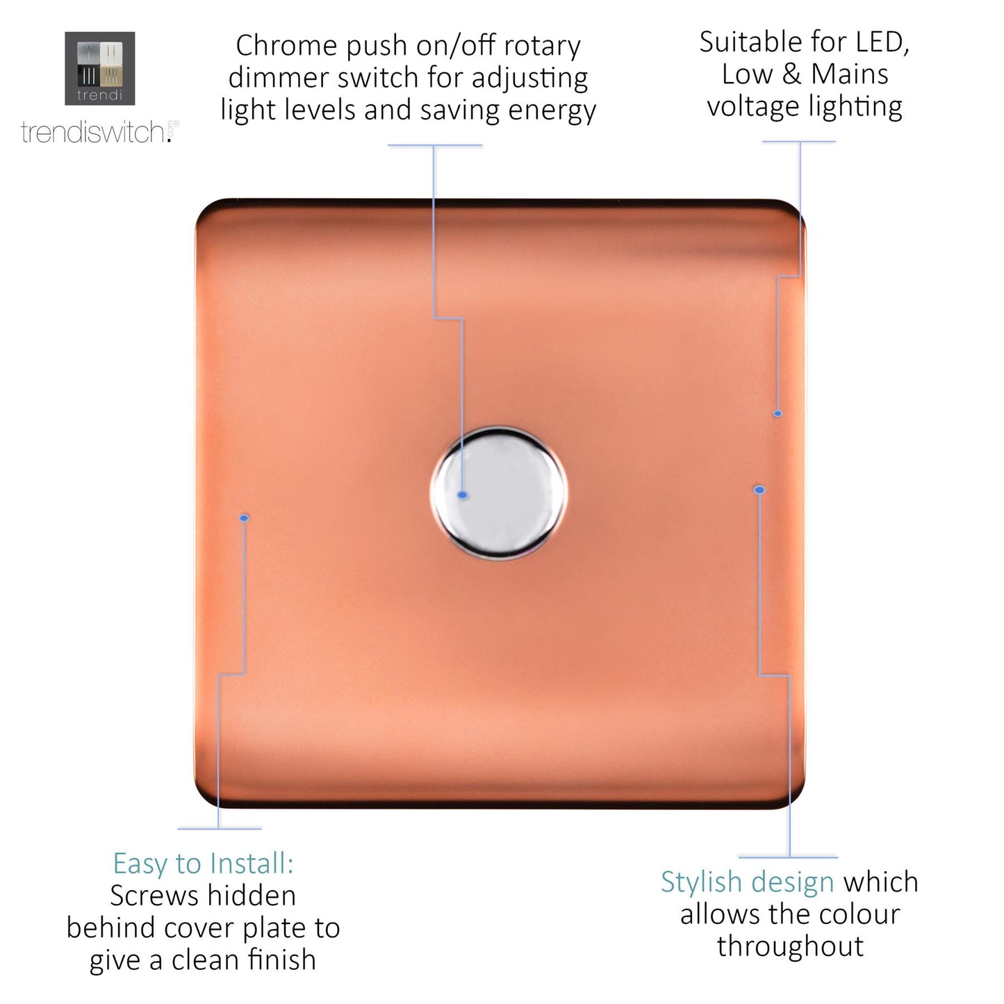 Trendi 1 Gang 2 Way 240V 150w LED Dimmer Screwless Raised Front Plate Plastic Artistic Modern Glossy 10 Amp Chrome Single Electrical Wall Light Switch in Copper - ART-LDMCPR