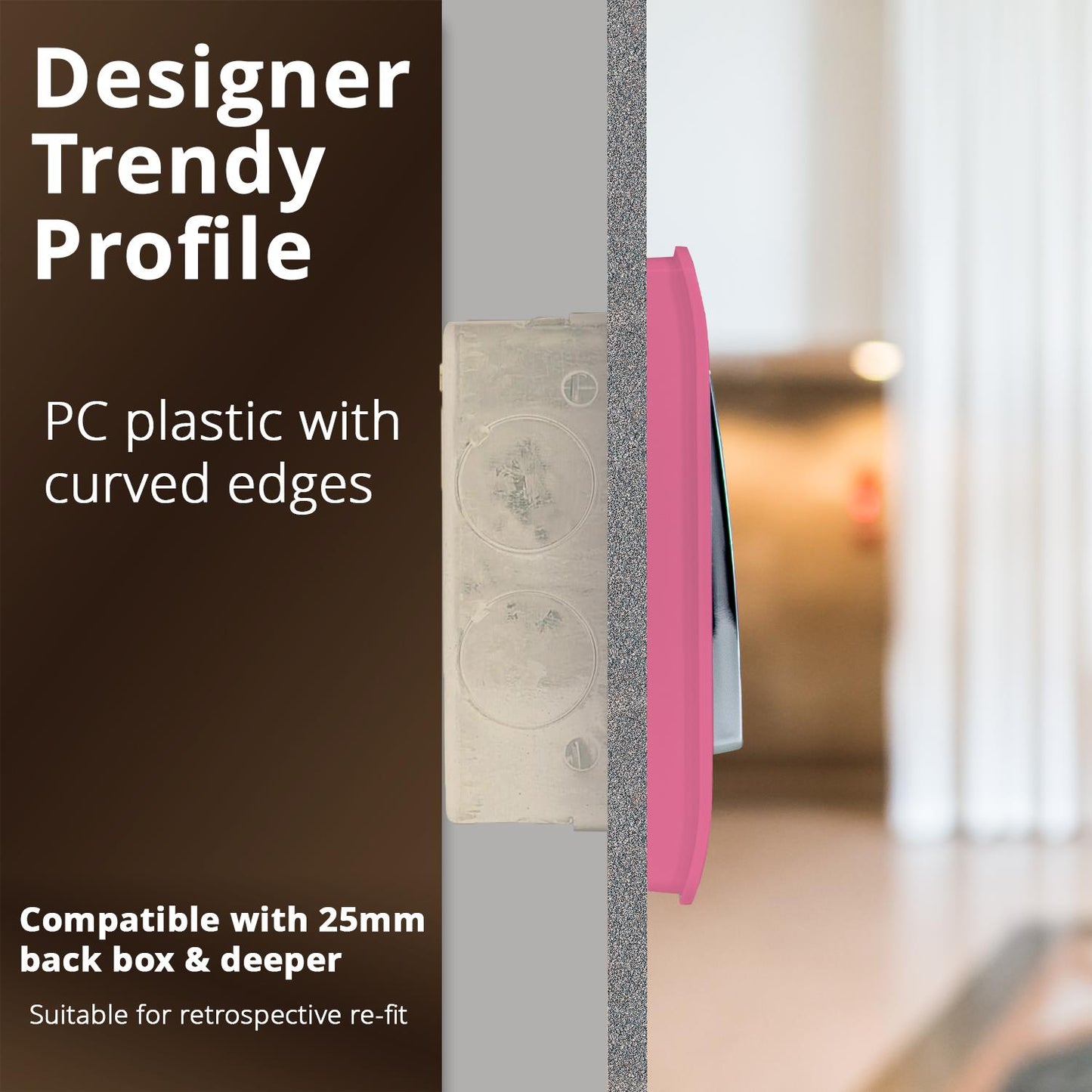 Trendi 1 Gang 2 Way 240V Screwless Raised Front Plate Plastic Artistic Modern Glossy 10 Amp Chrome Rocker Single Electrical Wall Light Switch Candy Pink - ART-SS2PK