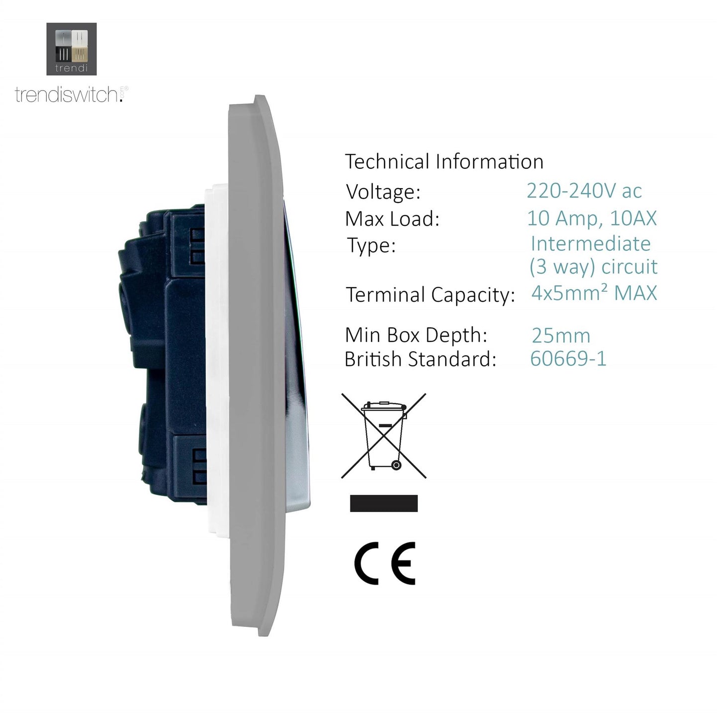 Trendi 2 Gang 3 way (Intermediate) 240V Screwless Raised Front Plate Plastic Artistic Modern Glossy 10 Amp Chrome Rocker Double Electrical Wall Light Switch in Light Grey