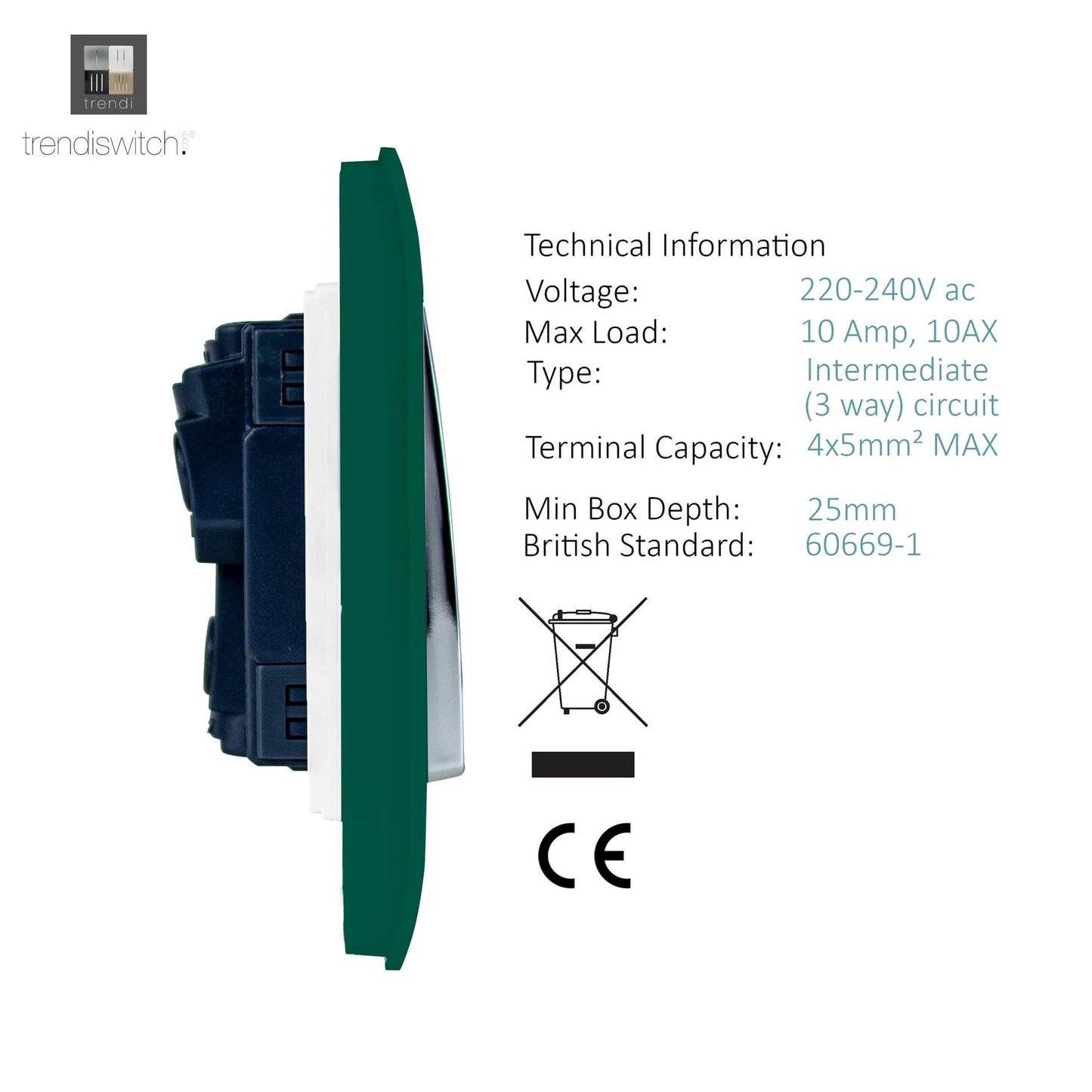 Trendi 2 Gang 3 way (Intermediate) 240V Screwless Raised Front Plate Plastic Artistic Modern Glossy 10 Amp Chrome Rocker Double Electrical Wall Light Switch in Dark Forest Green