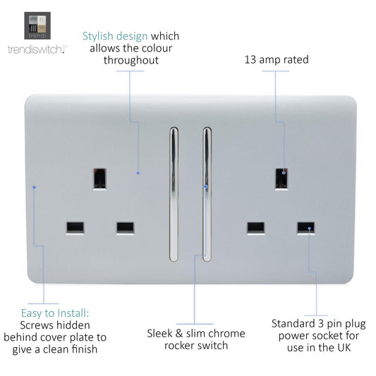Trendi 2 Gang Raised Artistic Modern Glossy Screwless 13 Amp Single Pole with Chrome Switched UK Standard Electrical Double Wall Plug Socket in Platinum Silver - ART-SKT213LSI