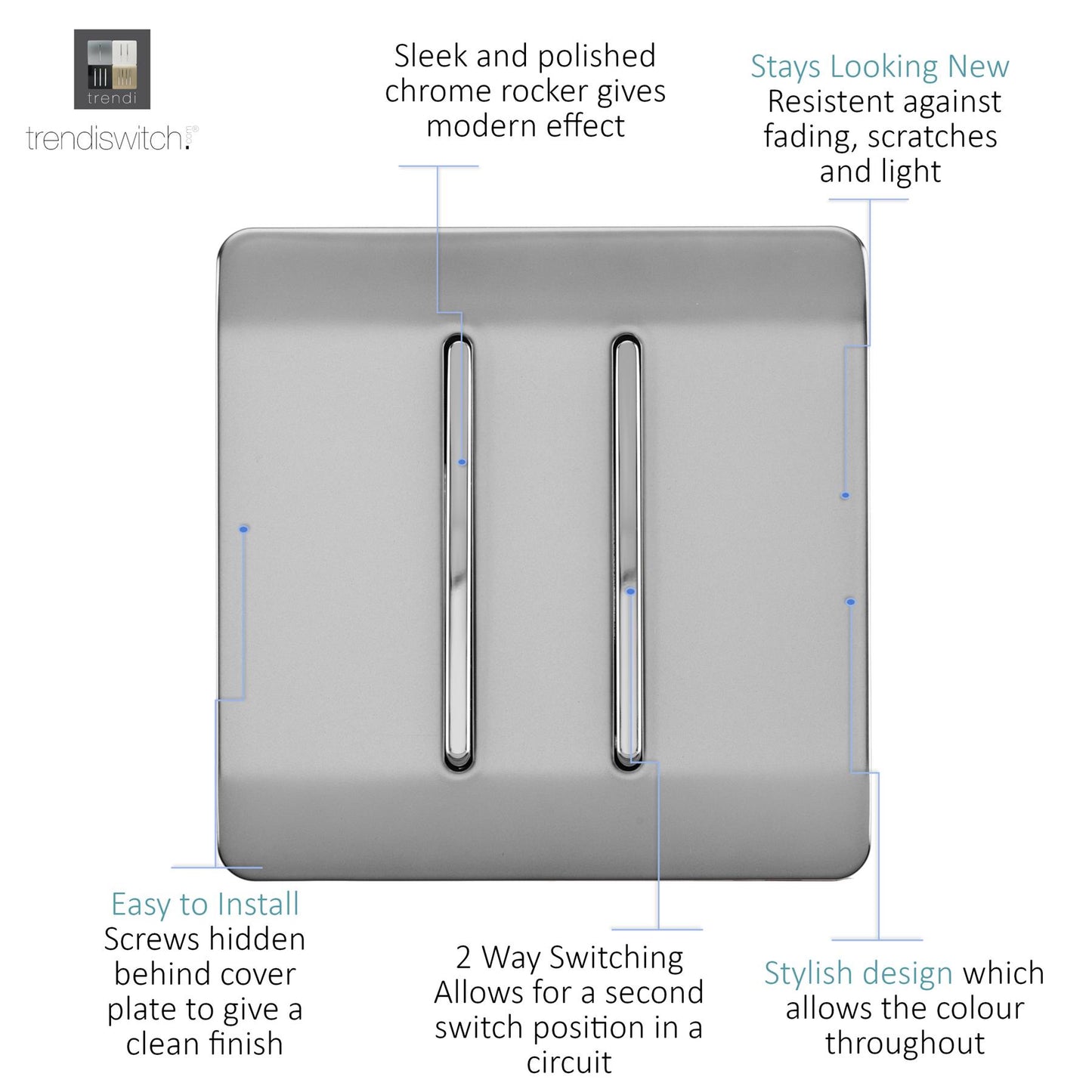 Trendi 2 Gang 3 way (Intermediate) 240V Screwless Raised Front Plate Plastic Artistic Modern Glossy 10 Amp Chrome Rocker Double Electrical Wall Light Switch in Brushed Steel