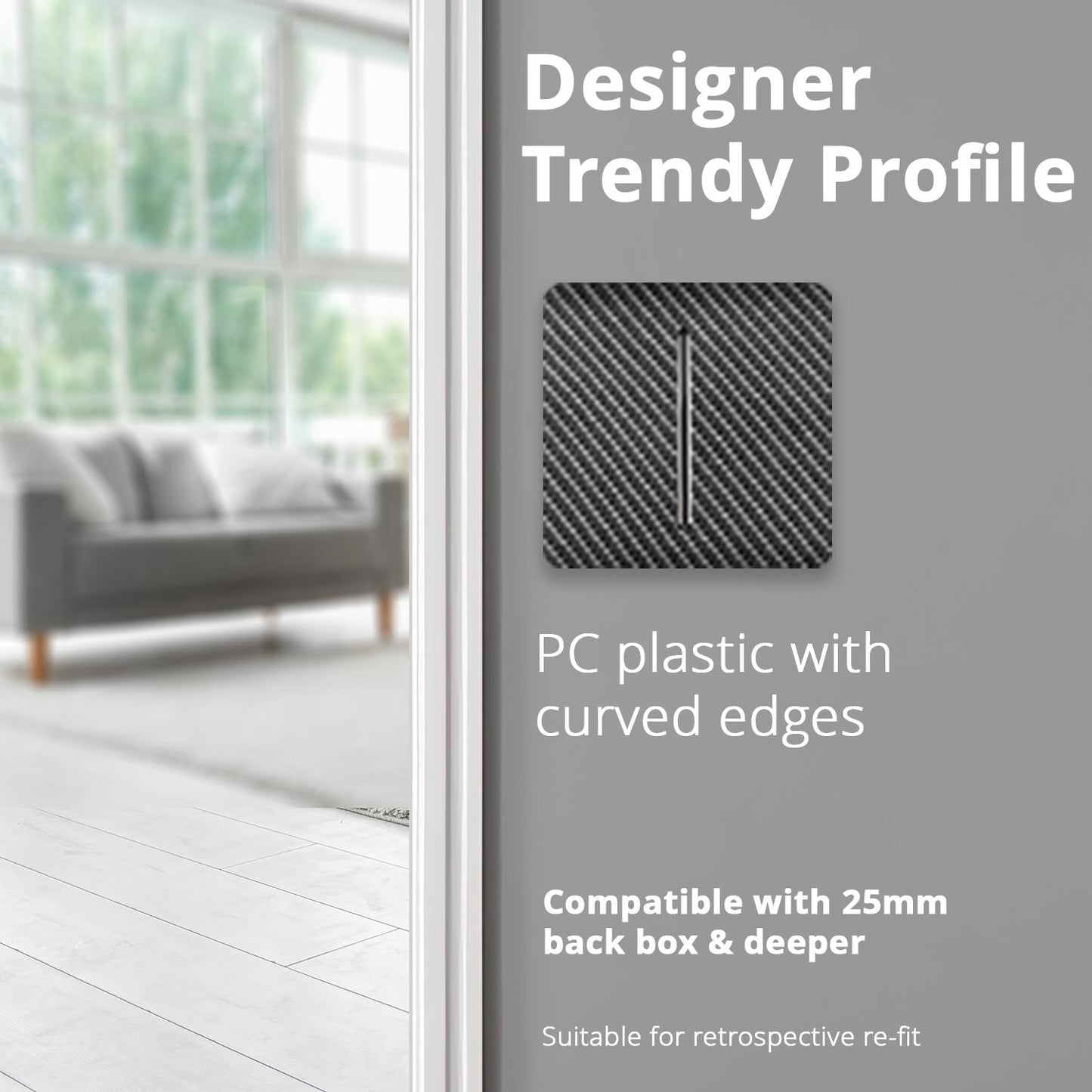 Trendi 1 Gang 2 Way 240V Screwless Raised Front Plate Plastic Artistic Modern Glossy 10 Amp Chrome Rocker Single Electrical Wall Light Switch Carbon Fibre - ART-SS2CF