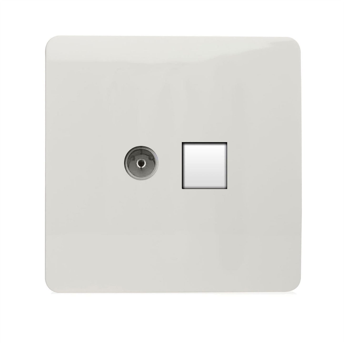 Trendi Switch 2 Gang TV Co-Axial & RJ45 Cat 6 Modern Designer PC Ethernet Sockets in Ice White