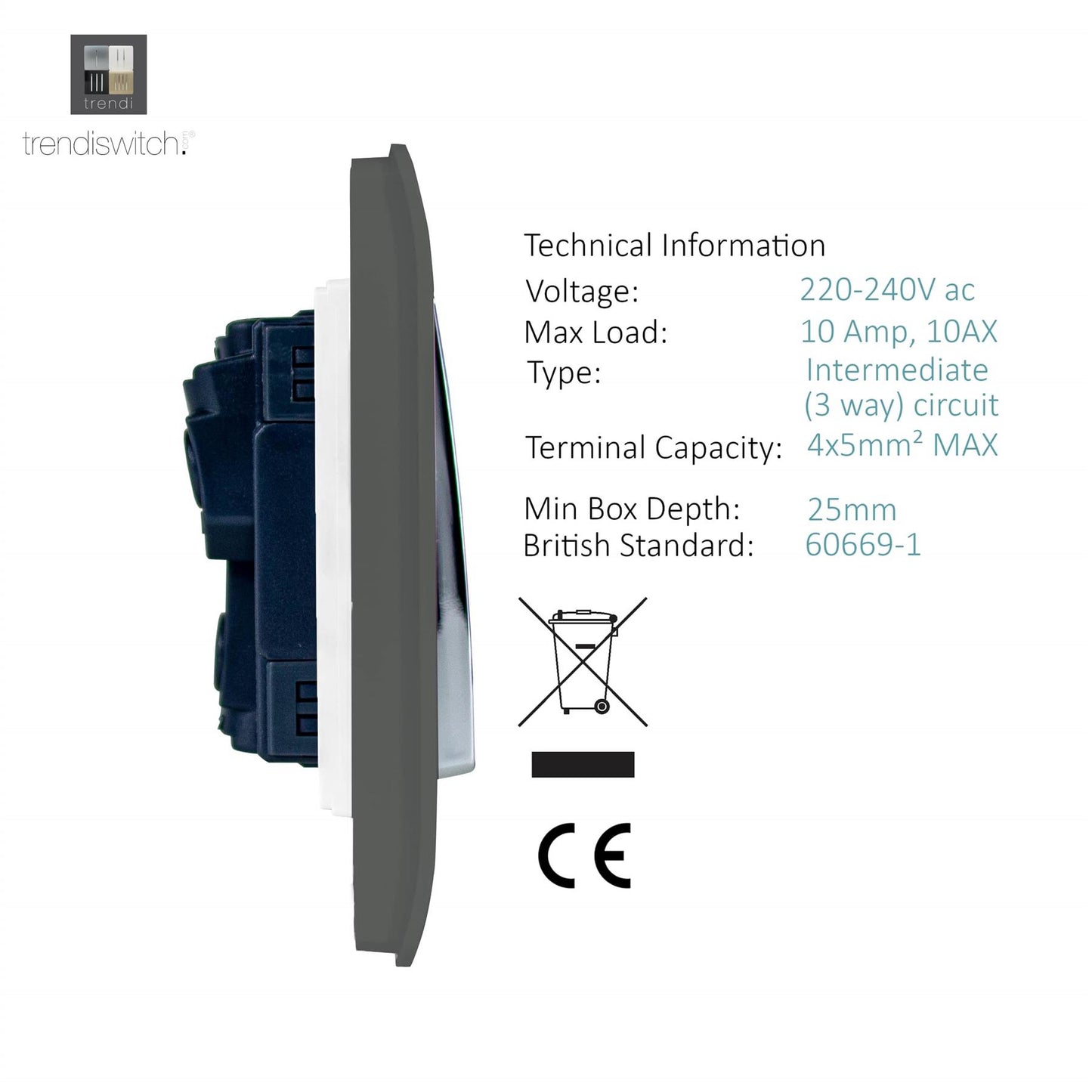 Trendi 2 Gang 3 way (Intermediate) 240V Screwless Raised Front Plate Plastic Artistic Modern Glossy 10 Amp Chrome Rocker Double Electrical Wall Light Switch in Charcoal Grey