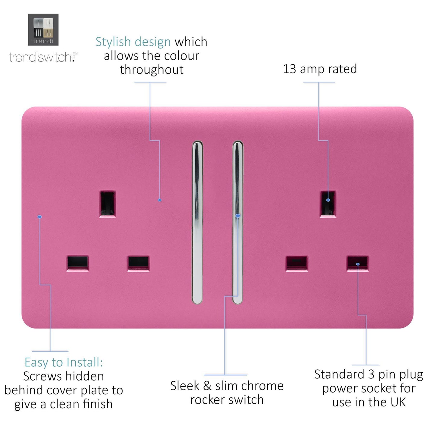Trendi 2 Gang Artistic Modern Glossy 13 Amp Switched Tactile Plug Socket Pink