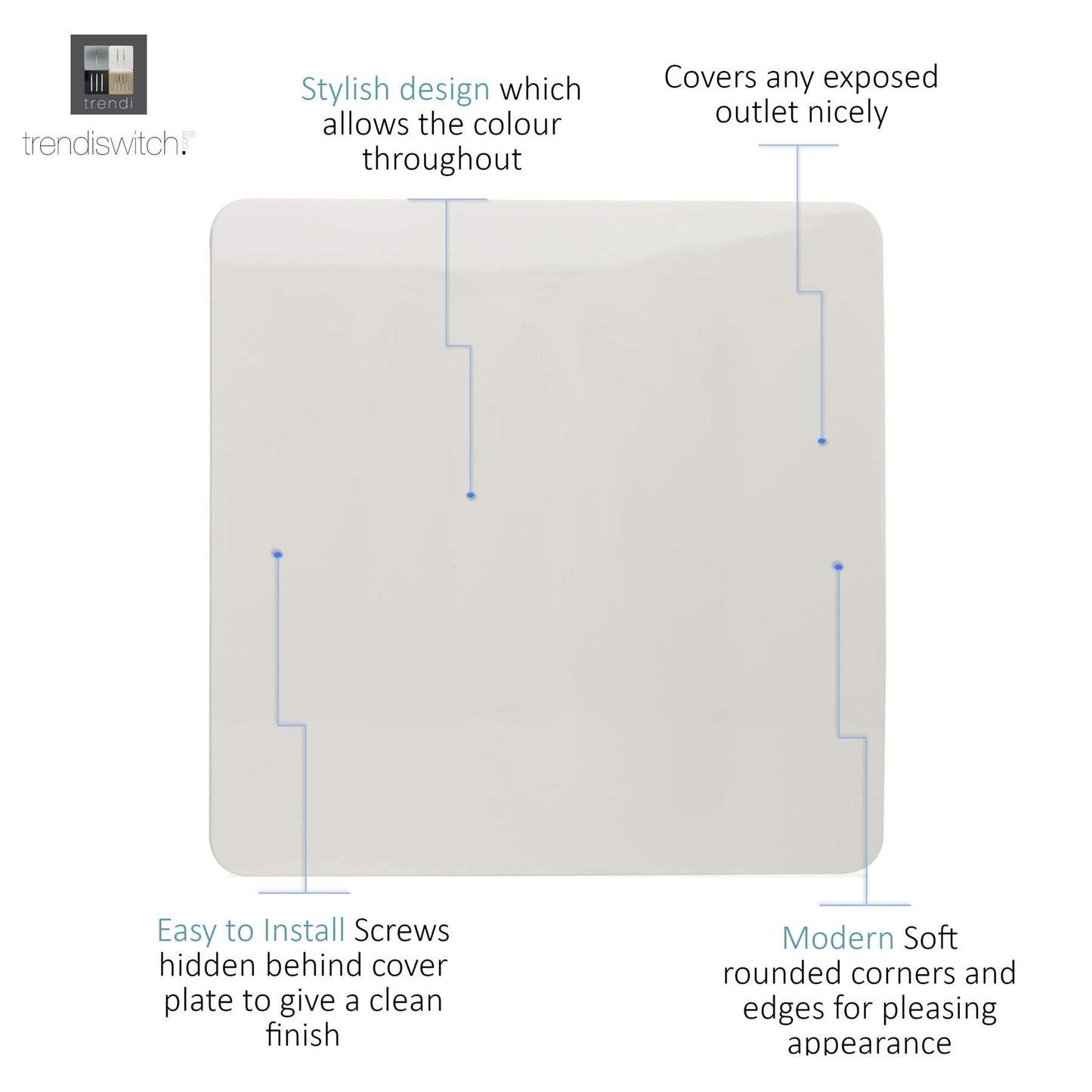 Trendi Switch Artistic Modern Glossy Decorative Screwless Standard Single Wall Blanking Plate for Electrical Sockets, Outlet with Screws in Ice White - ART-BLKWH