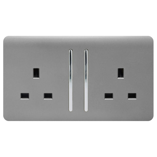 Trendi 2 Gang Artistic Modern Glossy 13 Amp Switched Tactile Plug Socket Light Grey