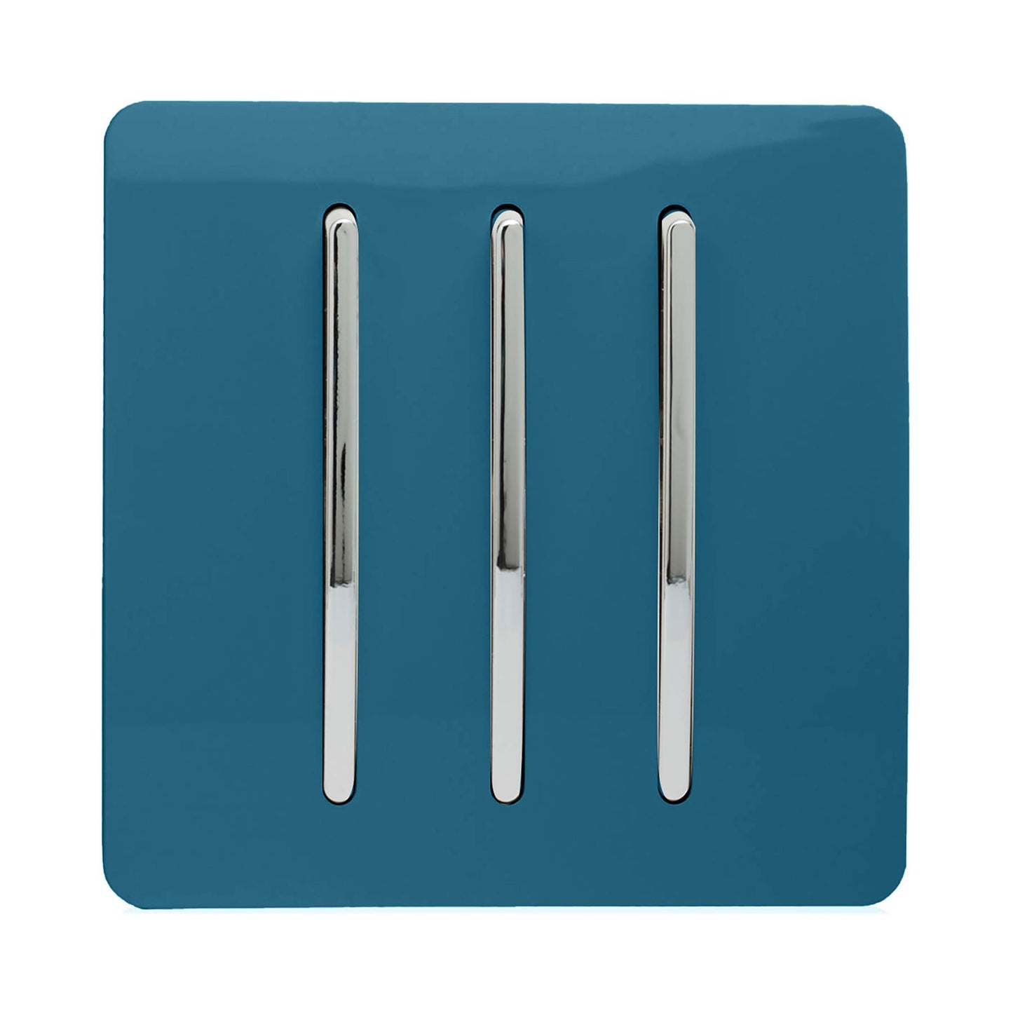 Trendi 3 Gang 2 way 240V Screwless Raised Front Plate Plastic Artistic Modern Glossy 10 Amp Chrome Rocker Triple Electrical Wall Light Switch in Ocean Blue