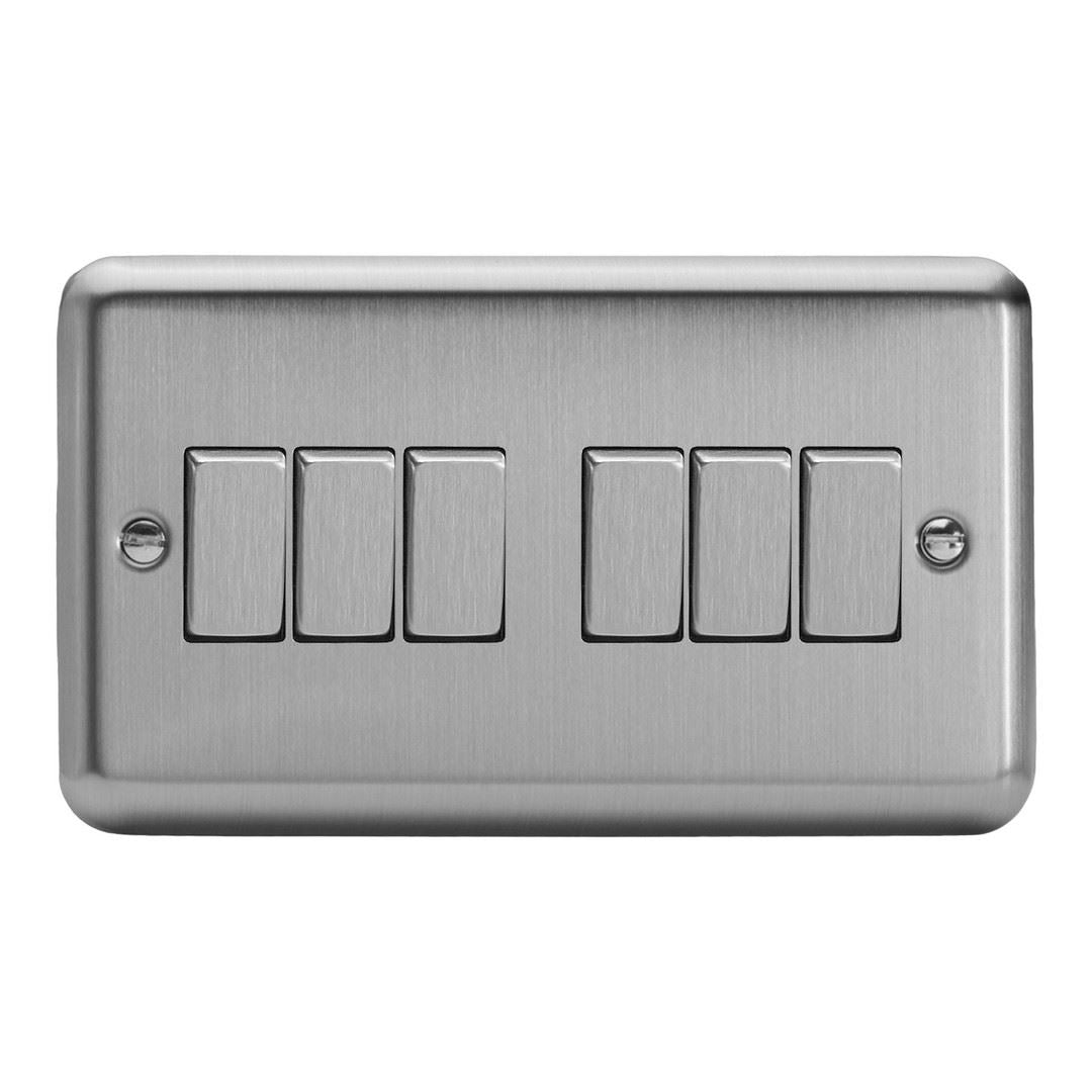 Varilight 6 Gang 1 or 2 Way 10A Rocker Light Switch Brushed Matt Chrome Dec Switch XS96D