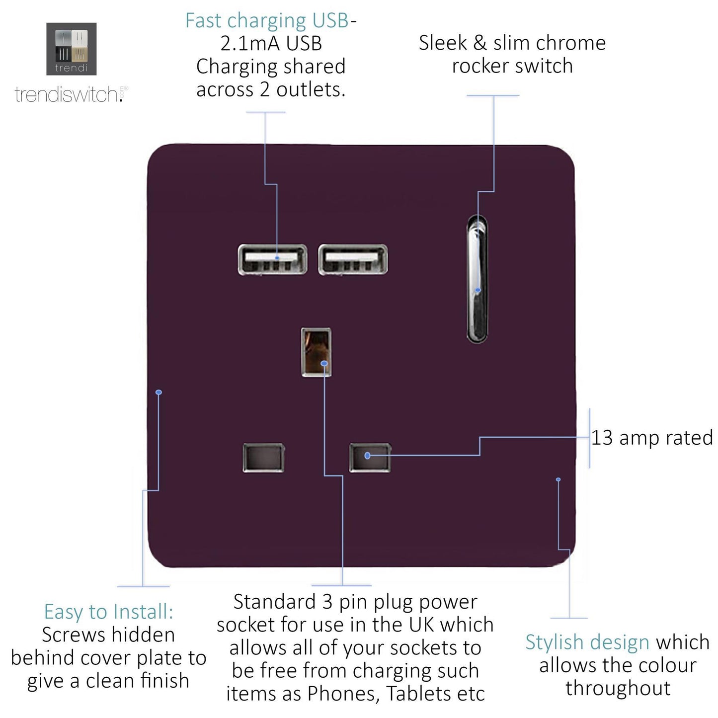 Trendi 1 Gang Artistic Modern Glossy 13 Amp 2x2.1mA USB Switched Tactile Plum