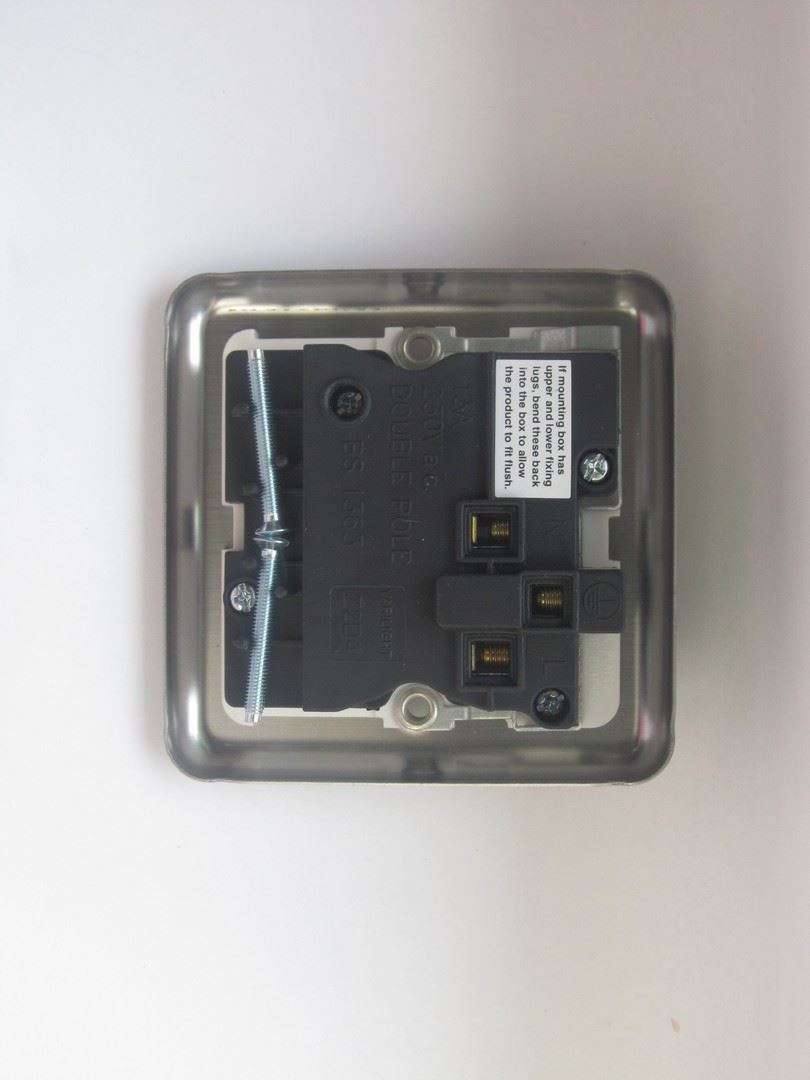 Varilight 1 Gang 13 Amp Switched Electrical Plug Socket Brushed Matt Chrome Dec Switch White Insert XS4DW