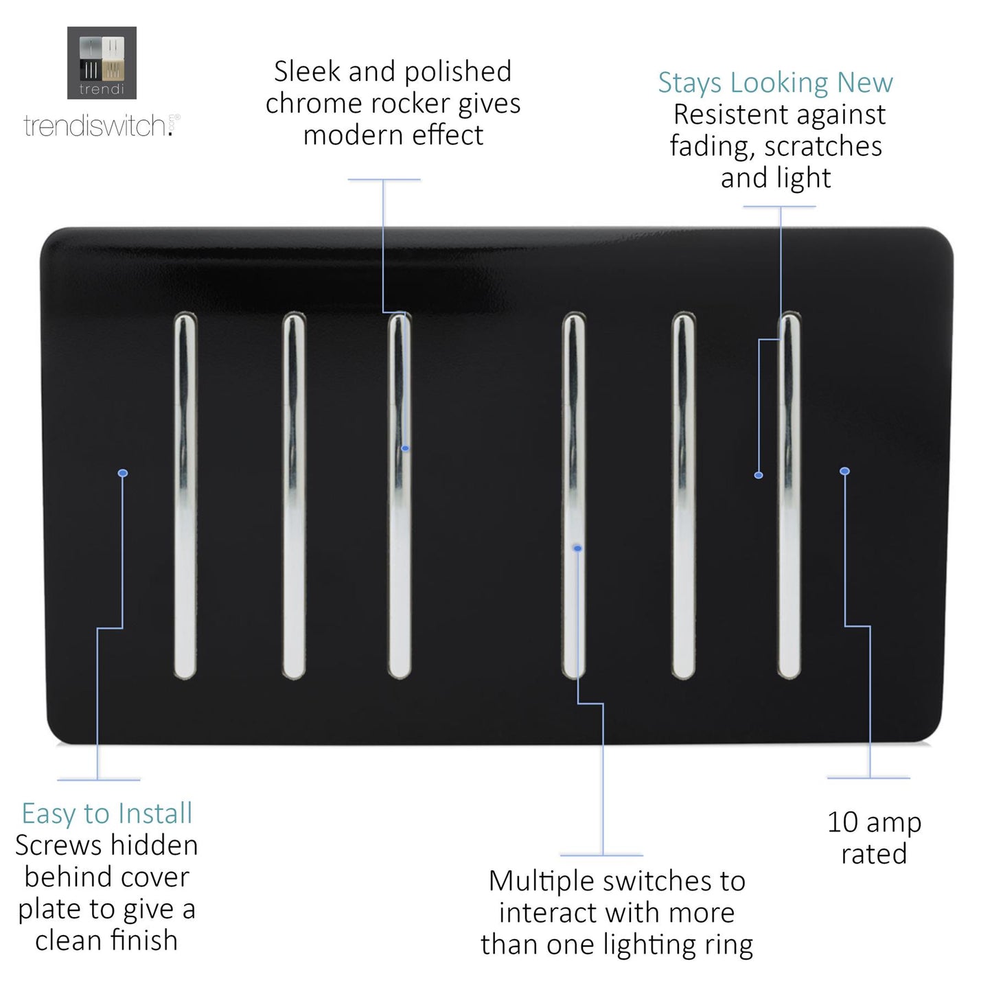 Trendi 6 Gang 2 way 240V Screwless Raised Front Twin Plate Plastic Artistic Modern Glossy 10 Amp Chrome Rocker Quad Electrical Wall Light Switch in Piano Black - ART-SS66BK