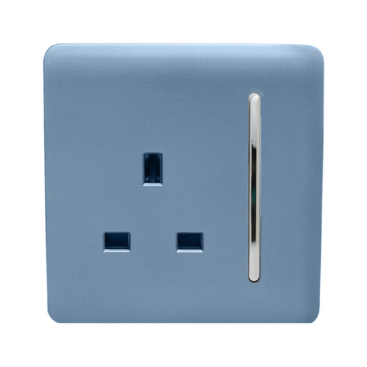Trendi 1 Gang Raised Artistic Modern Glossy Screwless 13 Amp Single Pole with Chrome Switched UK Standard Electrical Double Wall Plug Socket in Sky Blue in ART-SKT13SK