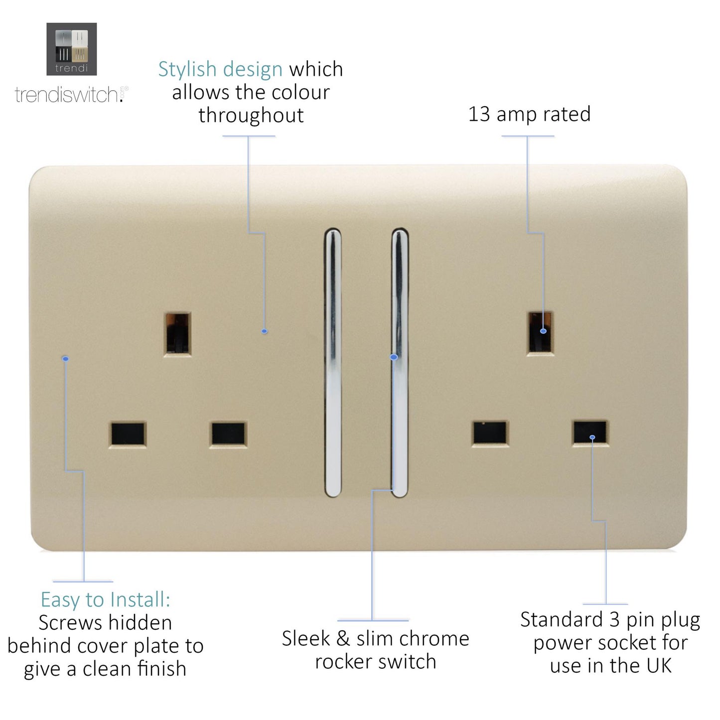 Trendi 2 Gang Artistic Modern 13 Amp Switched Plug Socket Gold ART-SKT213LGO