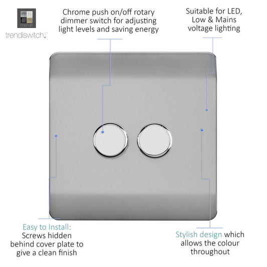 Trendi Artistic Modern Glossy Tactile 2 Gang 2 Way 150w  LED Dimmer switch Stainless Steel