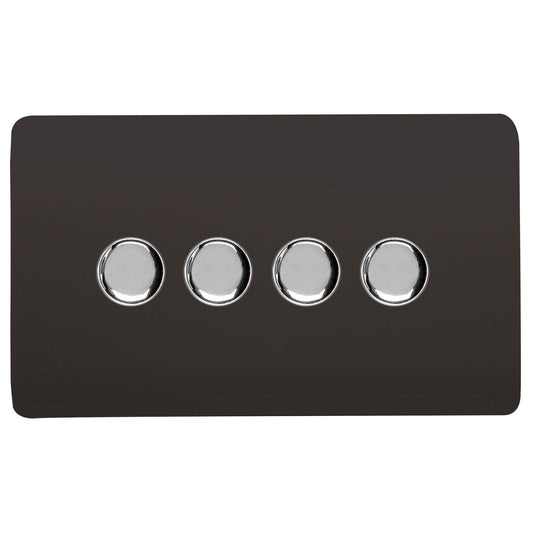 Trendi 4 Gang 2 Way 240V 100w LED Dimmer Screwless Raised Front Plate Plastic Artistic Modern Glossy 10 Amp Chrome Single Electrical Wall Light Switch in Dark Mocha Brown - ART-4LDMDB