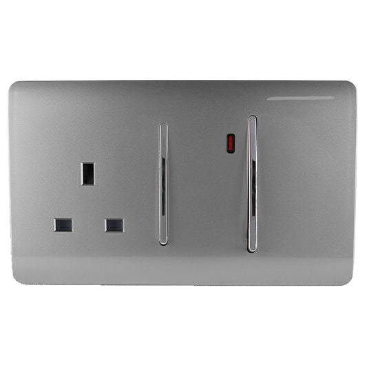 Trendi Switch Screwless Artistic Modern Decorative Glossy 45 A Cooker Switch Control Unit & Single Plug Socket Inc Neon Indicator for Indoor Use in Light Grey
