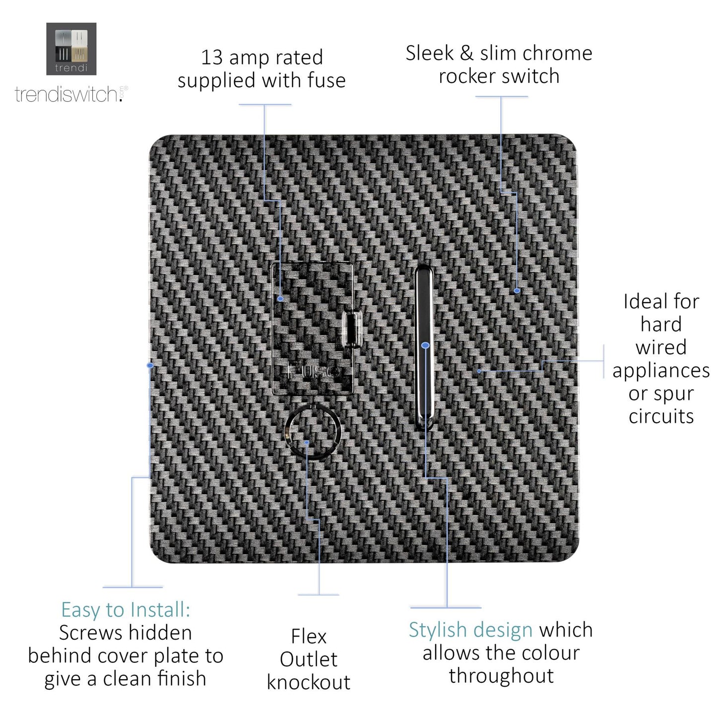 Trendi Switch Screwless Artistic Modern Glossy Tactile 230V Switched 13 A Single Fused Spur Connection Unit with Flex Outlet Chrome Rocker in Carbon Fibre