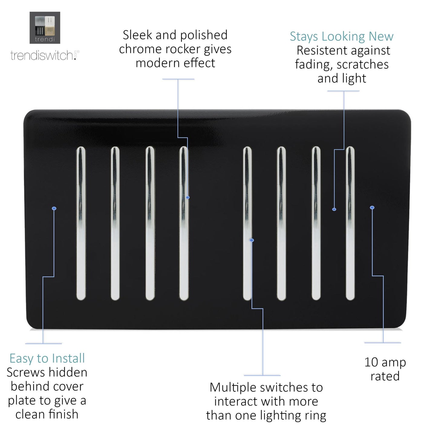 Trendi 8 Gang 2 way 240V Screwless Raised Front Twin Plate Plastic Artistic Modern Glossy 10 Amp Chrome Rocker Quad Electrical Wall Light Switch in Piano Black - ART-SS88BK