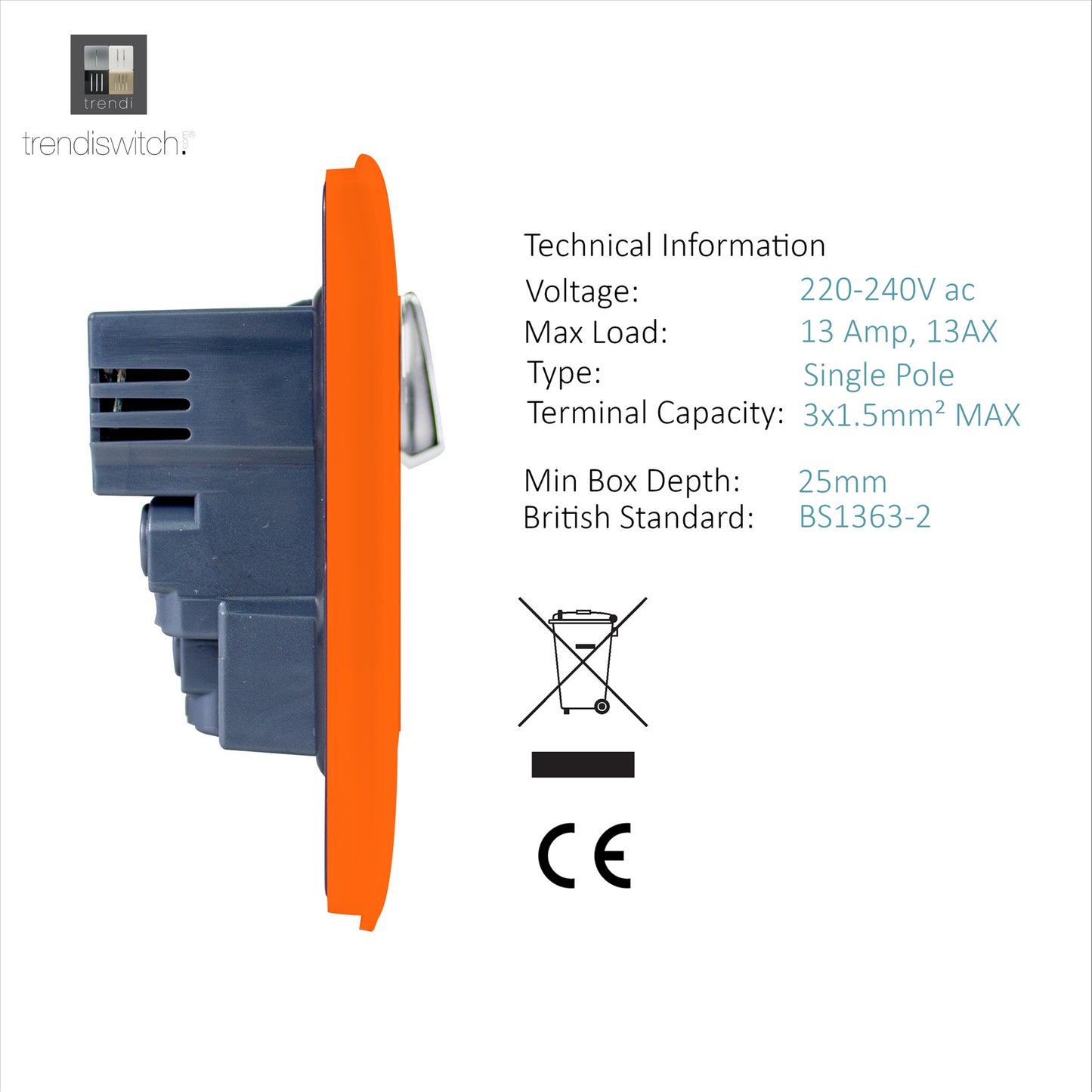 Trendi 1 Gang Artistic Modern Glossy 13 Amp 2x2.1mA USB Switched Tactile Orange