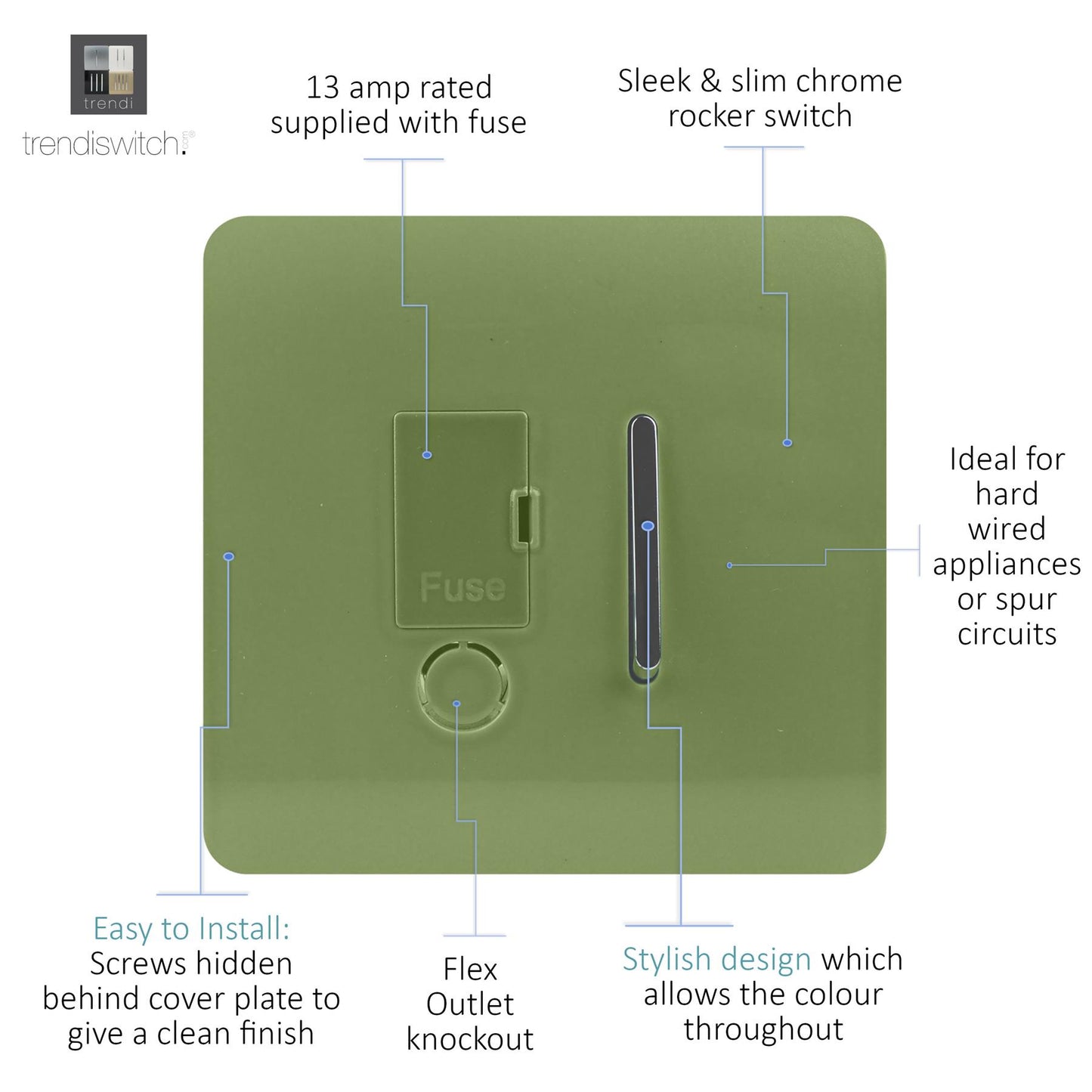Trendi Switch Screwless Artistic Modern Glossy Tactile 230V Switched 13 A Single Fused Spur Connection Unit with Flex Outlet Chrome Rocker in Moss Green