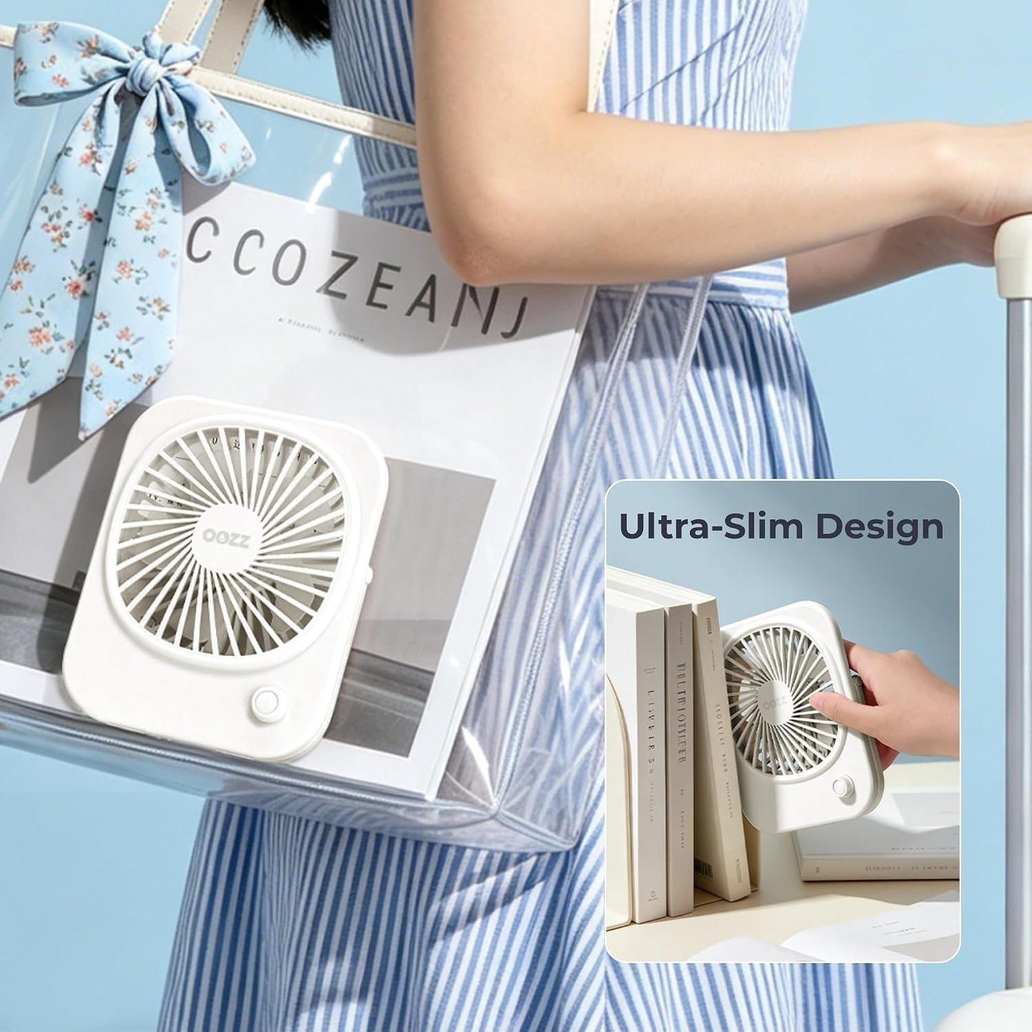 OOZZ Ultrathin Desktop Fan, Portable Slim Personal Fan with Adjustable stand, Stepless Speed Control Knob, USB-C Rechargeable Battery, Quiet Cooling for Office & Travel, OZ-4121 (White)