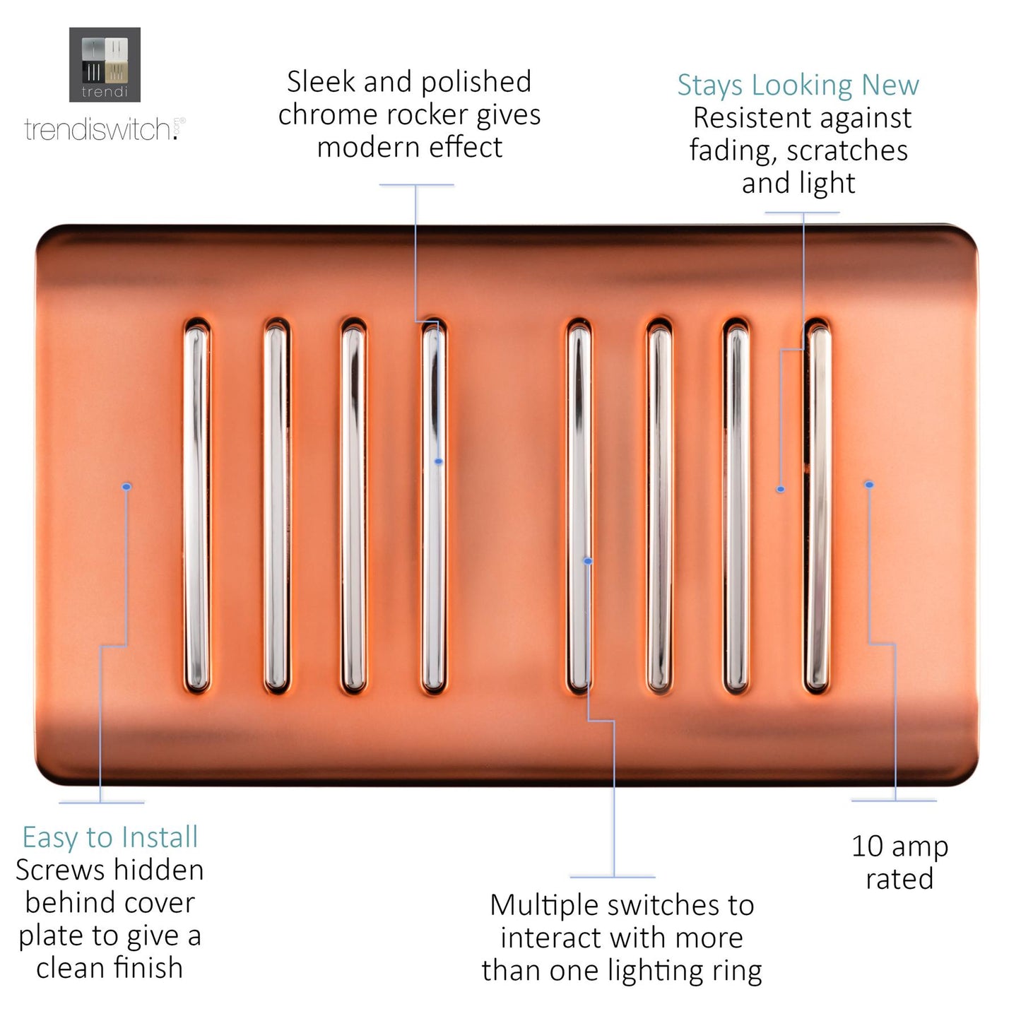 Trendi Artistic Modern Glossy 8 Gang 2 Way Rocker  Double Plate Tactile Light Switch Copper