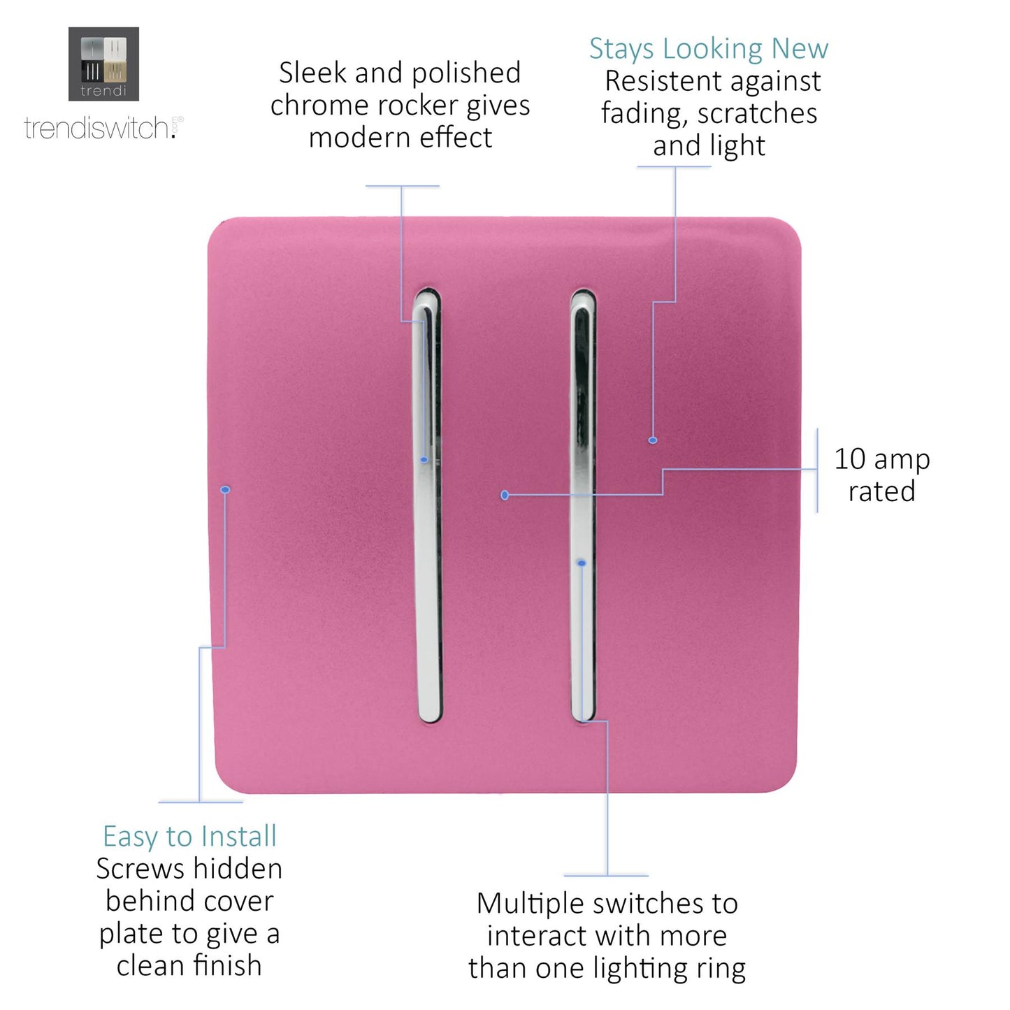 Trendi 2 Gang 2 Way 240V Screwless Raised Front Plate Plastic Artistic Modern Glossy 10 Amp Chrome Rocker Single Electrical Wall Light Switch Candy Pink - ART-SS4PK