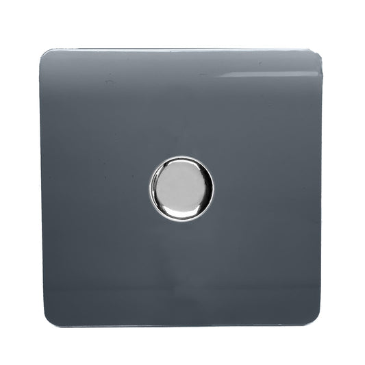 Trendi 1 Gang 2 Way 240V 150w LED Dimmer Screwless Raised Front Plate Plastic Artistic Modern Glossy 10 Amp Chrome Single Electrical Wall Light Switch  in Warm Grey - ART-LDMWG