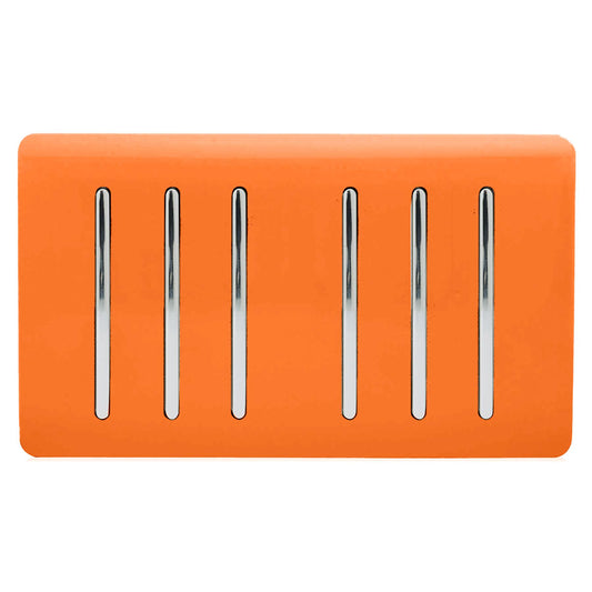 Trendi 6 Gang 2 way 240V Screwless Raised Front Twin Plate Plastic Artistic Modern Glossy 10 Amp Chrome Rocker Quad Electrical Wall Light Switch in Sunset Orange- ART-SS66OR