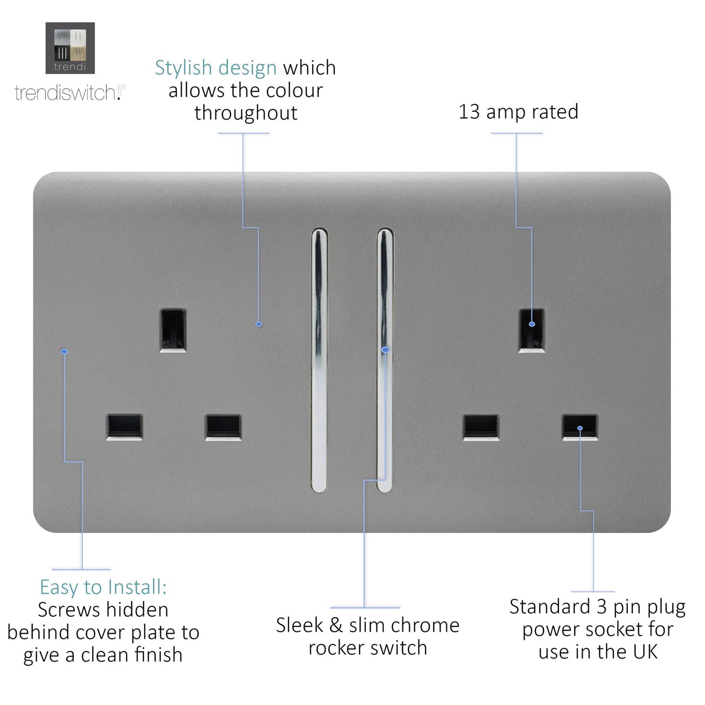 Trendi 2 Gang Artistic Modern Glossy 13 Amp Switched Tactile Plug Socket Light Grey