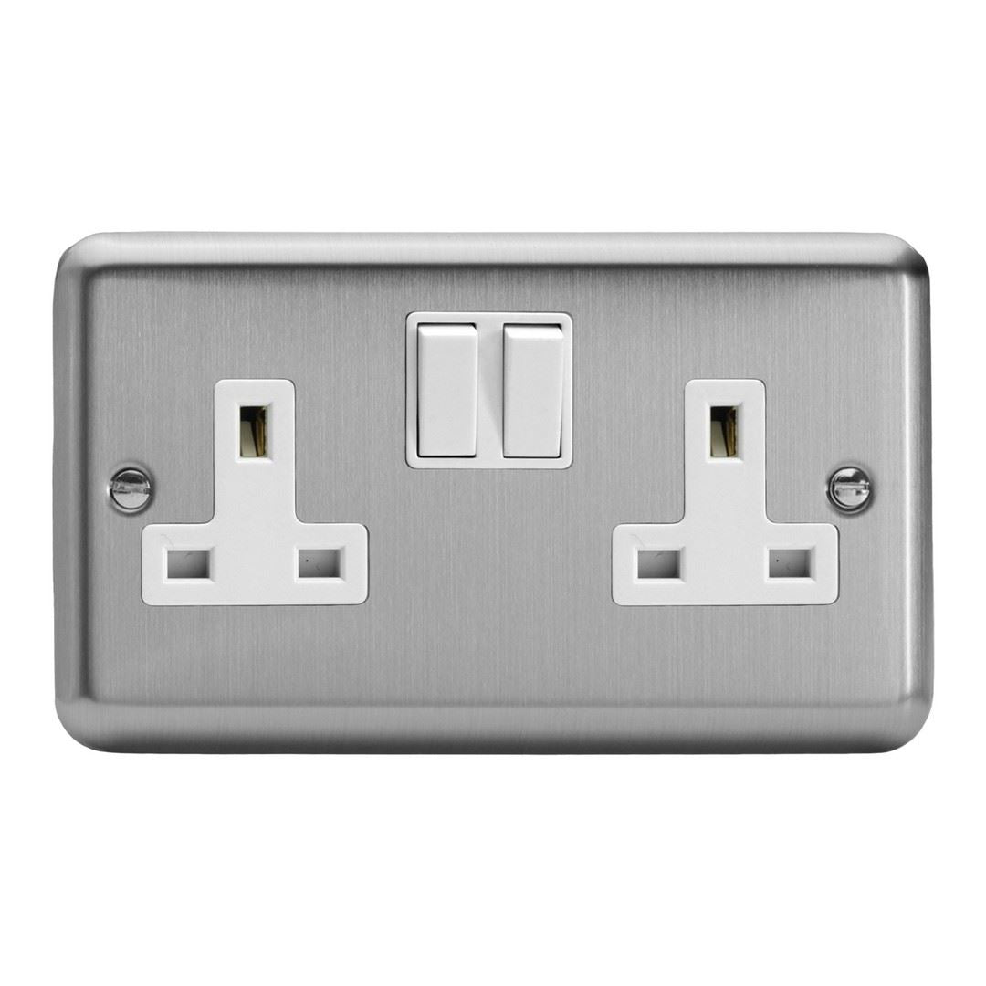 Varilight 2 Gang 13 Amp Switched Electrical Plug Socket Brushed Matt Chrome White Insert XS5W