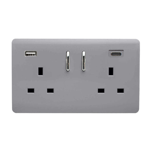 Trendi Switch 2 Gang Type A & C USB 3100mA Modern Designer Plug Socket in Platinum Silver