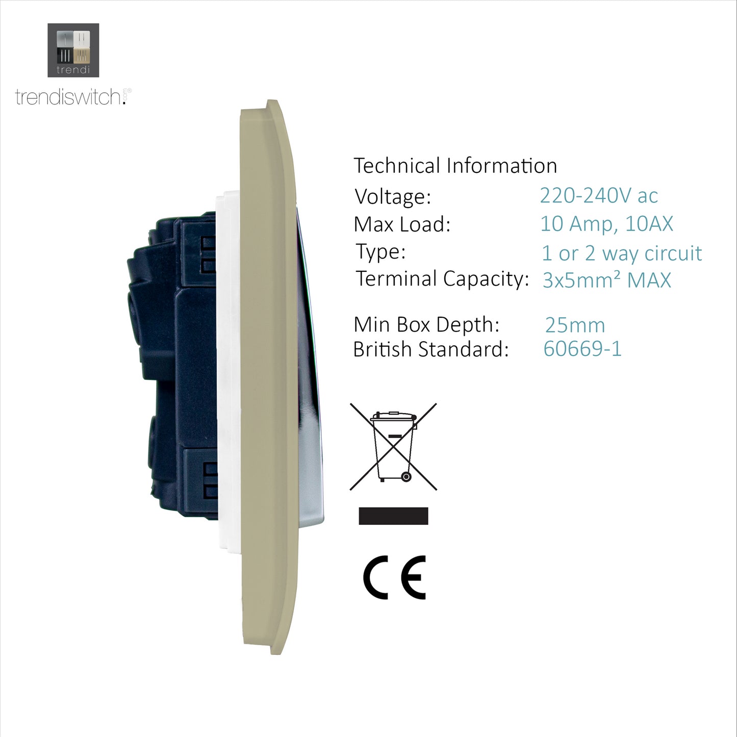 Trendi 4 Gang 2 way 240V Screwless Raised Front Twin Plate Plastic Artistic Modern Glossy 10 Amp Chrome Rocker Quad Electrical Wall Light Switch in Champagne Gold - ART-SS44GO
