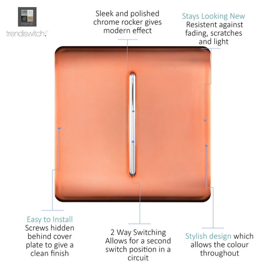 Trendi 1 Gang 2 Way 240V Screwless Raised Front Plate Plastic Artistic Modern Glossy 10 Amp Chrome Rocker Single Electrical Wall Light Switch Copper - ART-SS2CPR