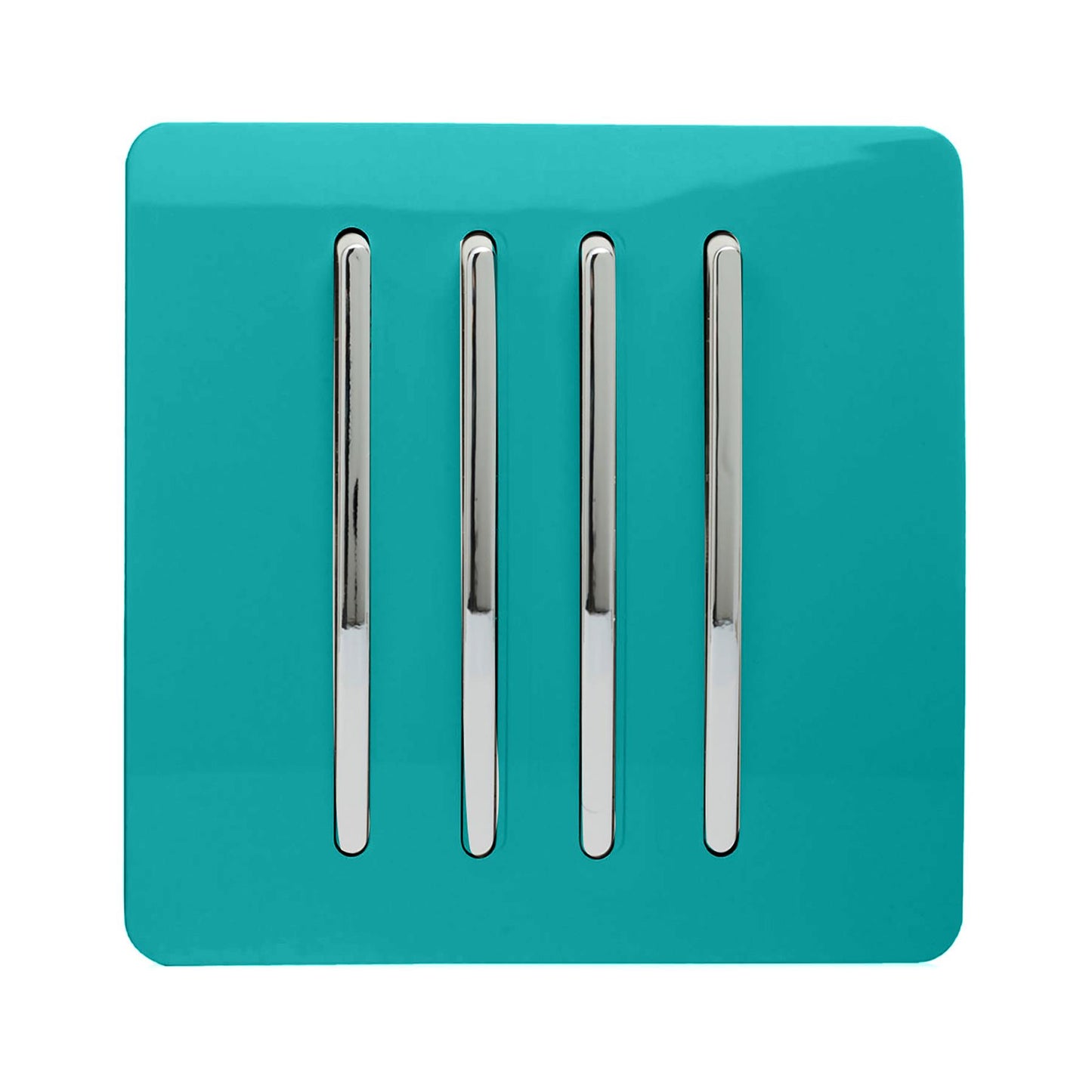 Trendi 4 Gang 2 way 240V Screwless Raised Front Plate Plastic Artistic Modern Glossy 10 Amp Chrome Rocker Quad Electrical Wall Light Switch in Bright Teal