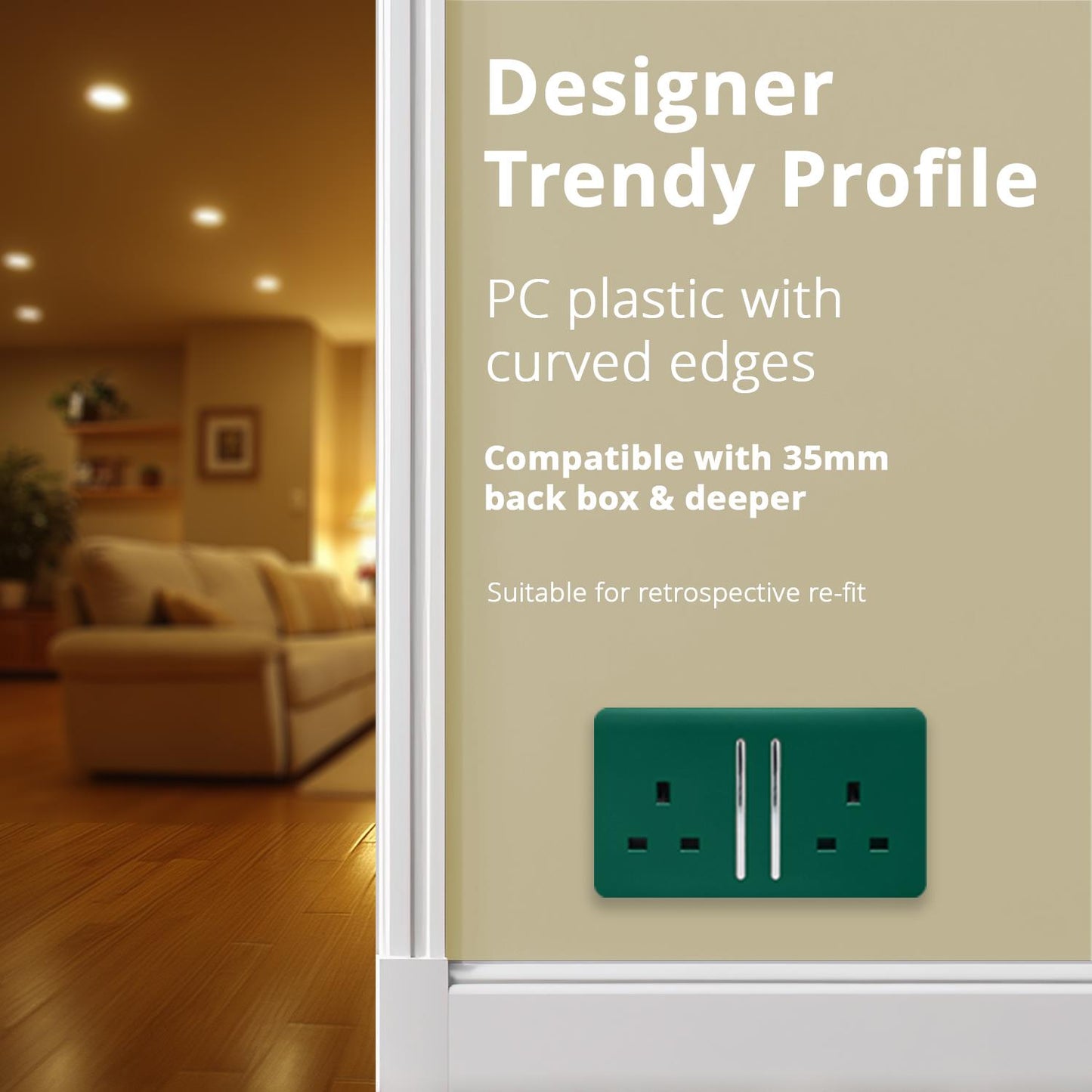 Trendi 2 Gang Artistic Modern Glossy 13 Amp Switched Tactile Plug Socket Dark Green