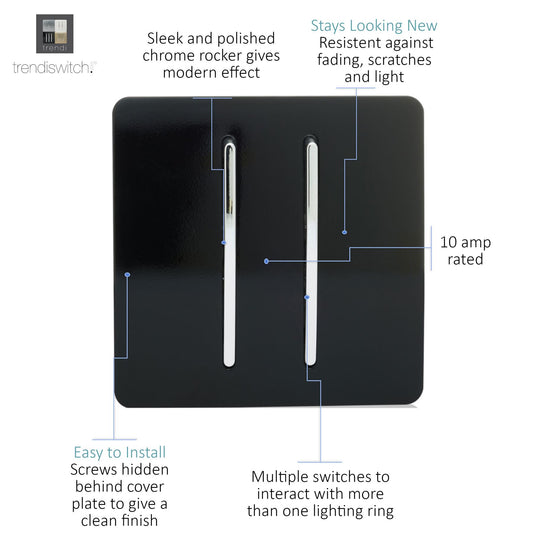 Trendi 2 Gang 2 Way 240V Screwless Raised Front Plate Plastic Artistic Modern Glossy 10 Amp Chrome Rocker Single Electrical Wall Light Switch Piano Black - ART-SS4BK