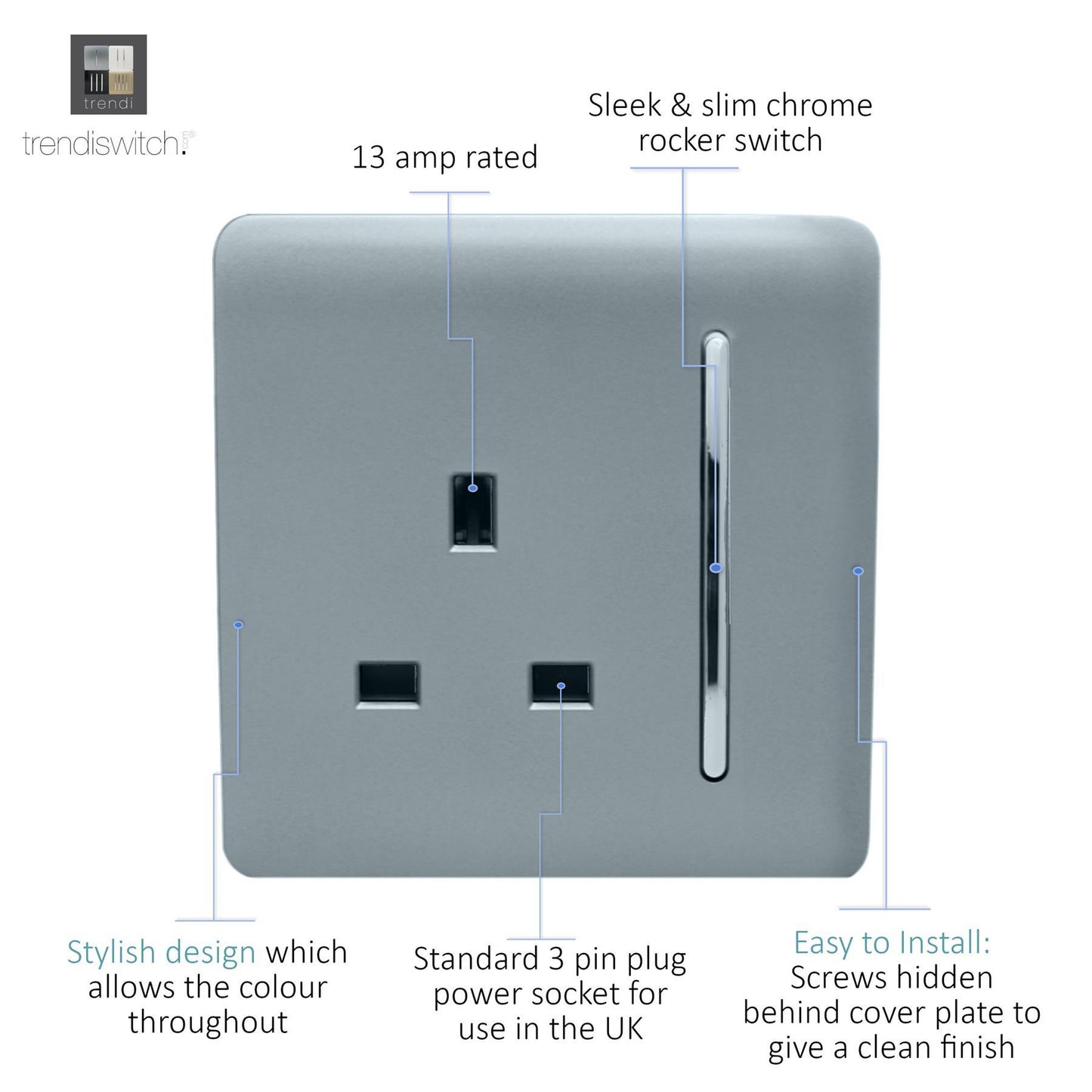 Trendi 1 Gang Artistic Modern Glossy 13 Amp Switched Tactile Plug Socket Cool Grey