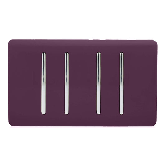 Trendi 4 Gang 2 way 240V Screwless Raised Front Twin Plate Plastic Artistic Modern Glossy 10 Amp Chrome Rocker Quad Electrical Wall Light Switch in Plum Purple - ART-SS44PL
