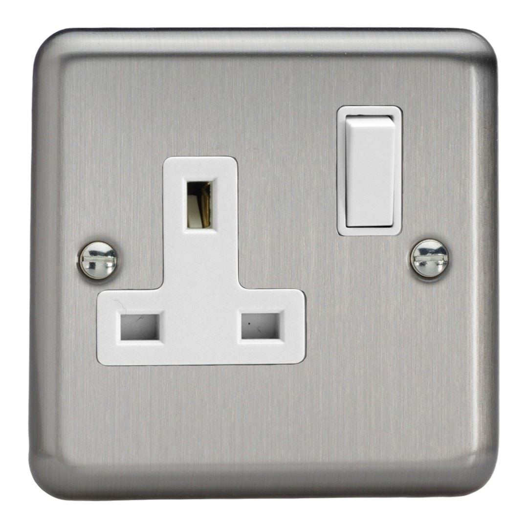 Varilight 1 Gang 13 Amp Switched Electrical Plug Socket Brushed Matt Chrome White Insert XS4W