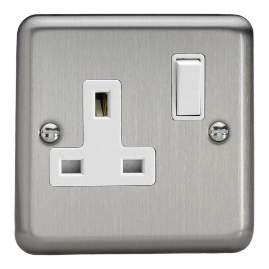 Varilight 1 Gang 13 Amp Switched Electrical Plug Socket Brushed Matt Chrome White Insert XS4W