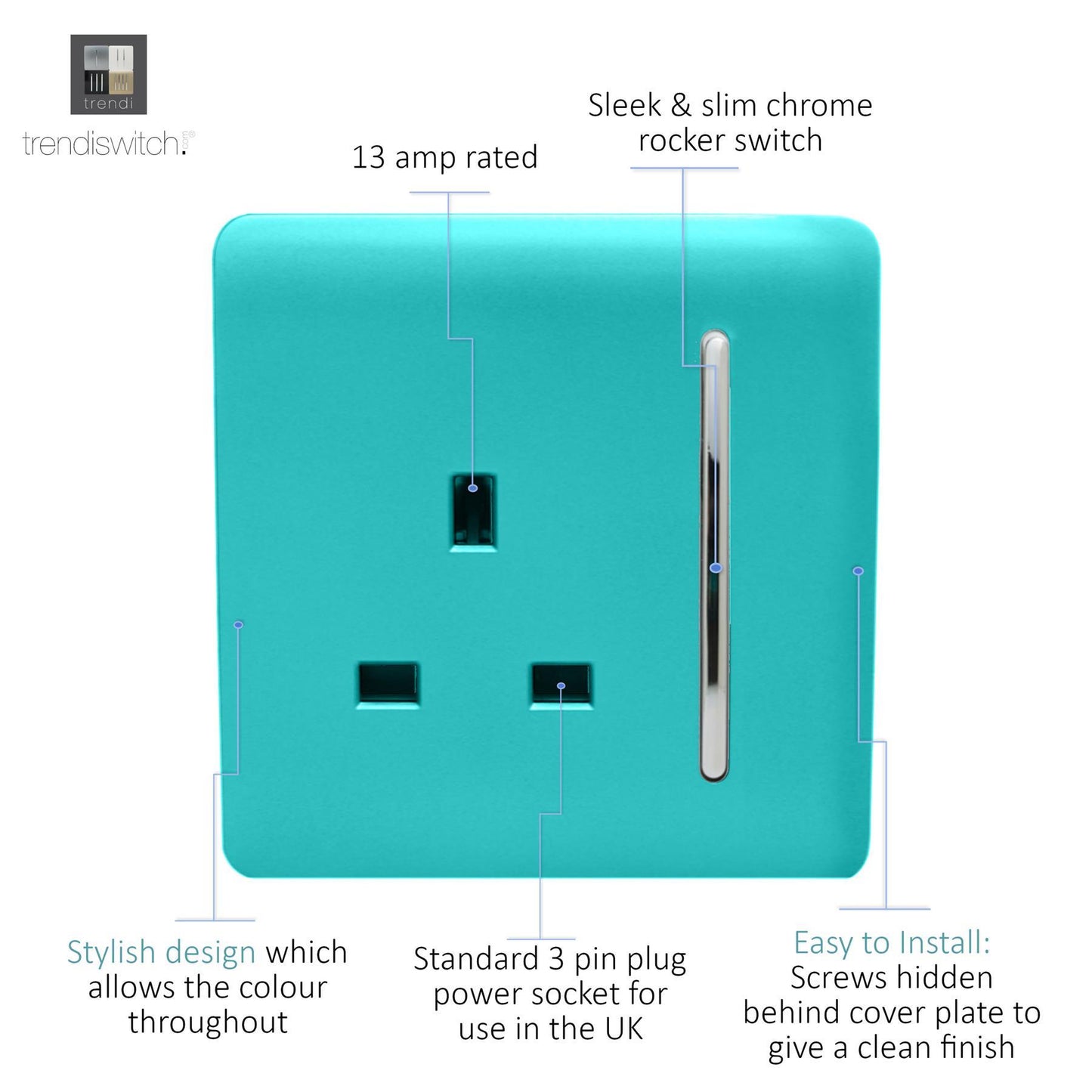 Trendi 1 Gang Artistic Modern Glossy 13 Amp Switched Tactile Plug Socket Bright Teal