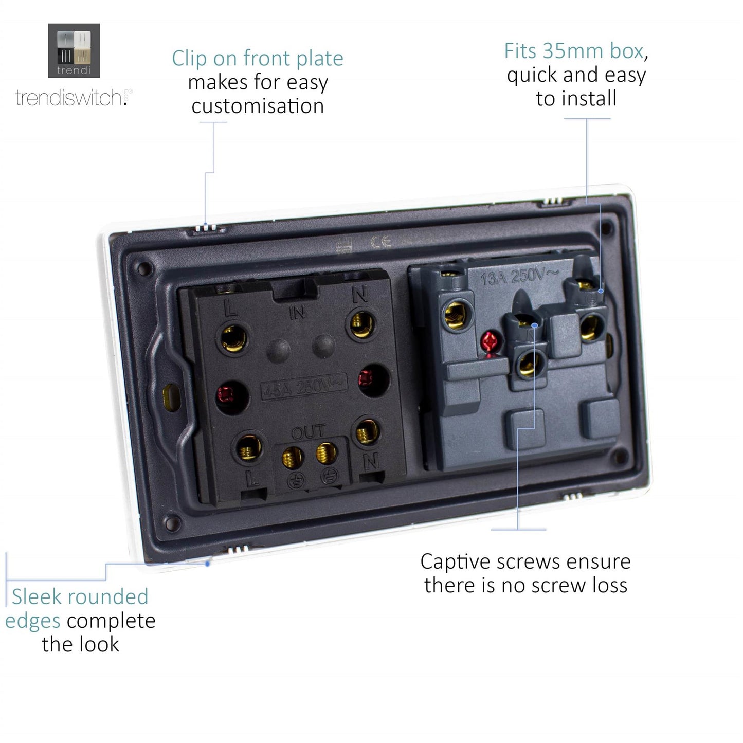 Trendi Artistic Modern Glossy 45 A Cooker Switch & Plug Socket Inc Neon Insert  Stainless Steel