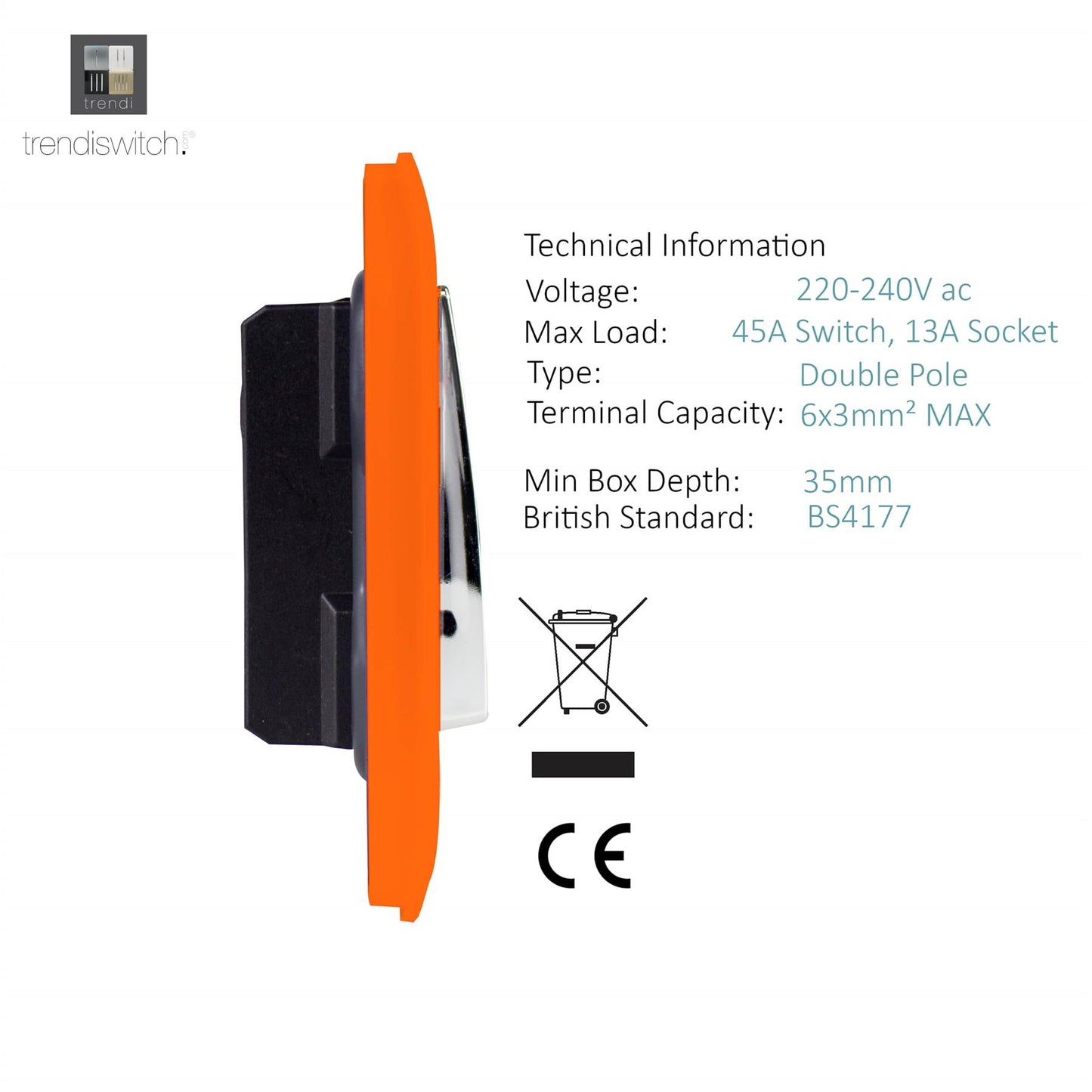 Trendi Artistic Modern Glossy 45 A Cooker Switch & Plug Socket Inc Neon Insert Orange