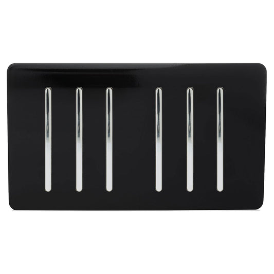 Trendi 6 Gang 2 way 240V Screwless Raised Front Twin Plate Plastic Artistic Modern Glossy 10 Amp Chrome Rocker Quad Electrical Wall Light Switch in Piano Black - ART-SS66BK