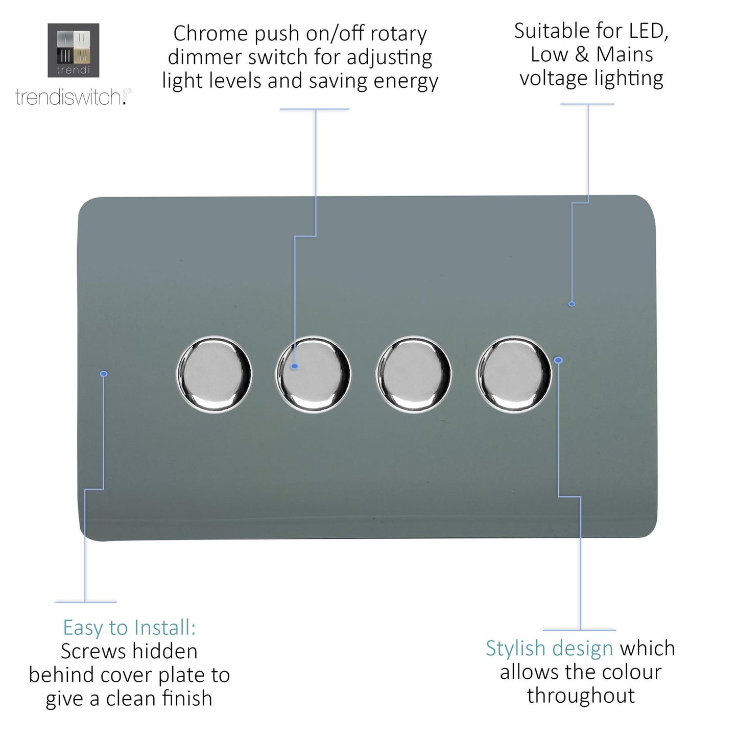 Trendi 4 Gang 2 Way 240V 100w LED Dimmer Screwless Raised Front Plate Plastic Artistic Modern Glossy 10 Amp Chrome Single Electrical Wall Light Switch in Cool Grey - ART-4LDMCG