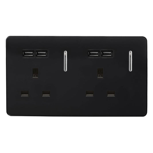 Trendi 2 Gang Artistic Modern Glossy Screwless Raised 13 Amp 240v Short 4 USB Type A Charging Points Double Chrome Switched Electrical Wall Plug Socket in Piano Black